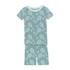 NEW KICKEE kids' short sleeve pajama set with shorts in jade tennis